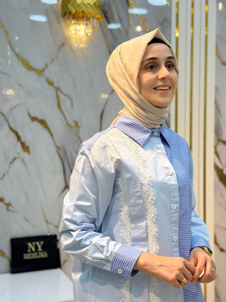 PUANE DANTEL VE ÇİZGİ DETAYLI GÖMLEK 10790