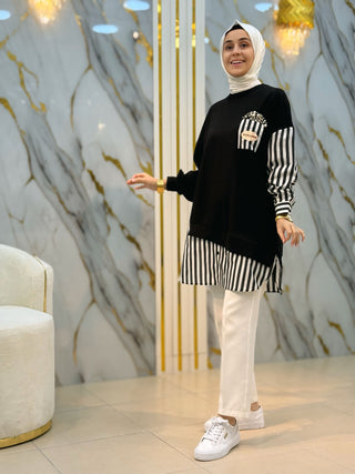 PUANE TASARIM İNCİLİ ÇİZGİLİ DETAY TUNİK 10651