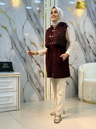 GÜLSELİ PUL İŞLEMELİ CEPLİ ANGORA YELEK 141950