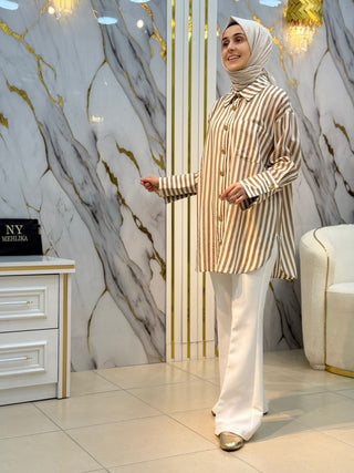 AYNAZ ÇİZGİLİ GOLD DÜĞMELİ OVERSİZE GÖMLEK 170127