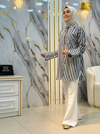 AYNAZ ÇİZGİLİ GOLD DÜĞMELİ OVERSİZE GÖMLEK 170127