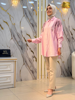 NY MEHLİKA STELLA NAKIŞ İŞLEMELİ ÇİLEK GÖMLEK 5482