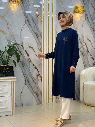 NY MEHLİKA YAKASI LALE DETAYLI UZUN TUNİK 7783