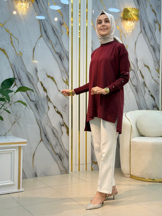 KADO DÜĞME ÇİZGİ VE YIRTMAÇ DETAY SOĞUK İP TUNİK 2725014