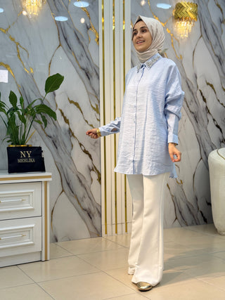NY MEHLİKA YAKA NEHİR TAŞ İŞLEMELİ GÖMLEK 5459