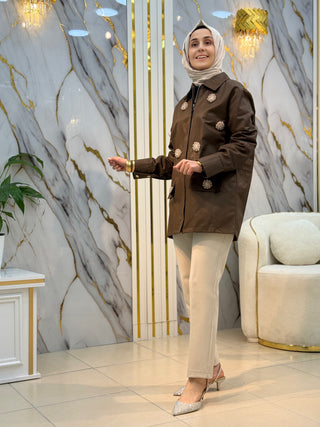 NY MEHLİKA ÇİÇEK BRONŞ DETAYLI FERMUARLI CEKET 2271