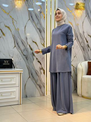 KADO KOLLARI DÜĞME DETAYLI ETEK PANTOLONLU TAKIM 268574