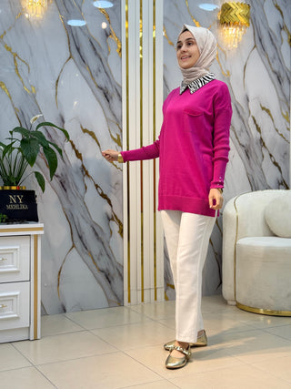 NY MEHLİKA YAKASI TAŞ VE ZEBRA DESEN SOĞUK İP TUNİK 214