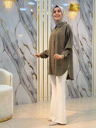 NY MEHLİKA ÇİÇEK TAŞ İŞLEME TENSEL KUPRA GÖMLEK 2849