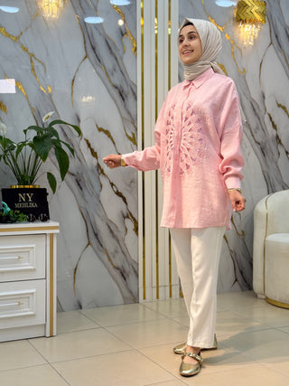 NY MEHLİKA ÖNÜ YUVARLAK TAŞ İŞLEMELİ GÖMLEK OVERSİZE 5412