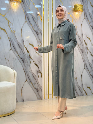 KADO YAKA TAŞ VE CEP DETAYLI UZUN TUNİK 251026