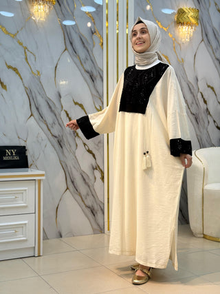 İKOLL KONTRAST GARNİLİ İŞLEMELİ OVERSİZE NAMAZ ELBİSE 33073