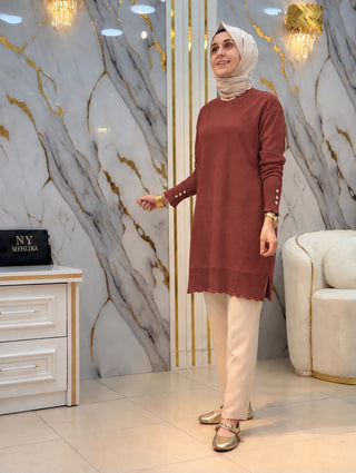 NY MEHLİKA YAKA VE KOLLARI FIRFIR DETAYLI SOĞUK İPLİK TUNİK 3319