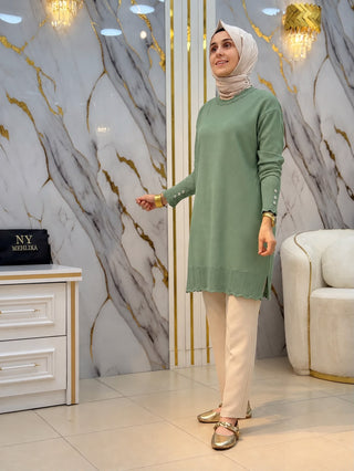 NY MEHLİKA YAKA VE KOLLARI FIRFIR DETAYLI SOĞUK İPLİK TUNİK 3319
