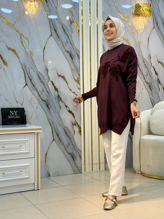 NY MEHLİKA ÇİÇEK KABARTMALI TAŞ İŞLEMELİ SOĞUK İP TUNİK 3385
