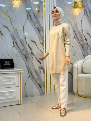 NY MEHLİKA ÇİÇEK KABARTMALI TAŞ İŞLEMELİ SOĞUK İP TUNİK 3385