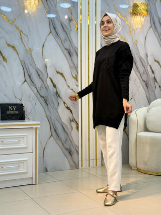 NY MEHLİKA ÇİÇEK KABARTMALI TAŞ İŞLEMELİ SOĞUK İP TUNİK 3385