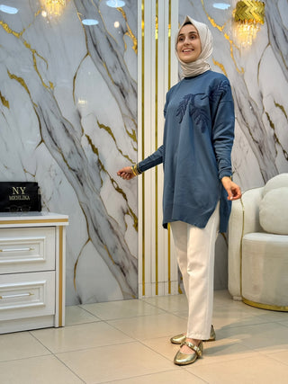 NY MEHLİKA ÇİÇEK KABARTMALI TAŞ İŞLEMELİ SOĞUK İP TUNİK 3385