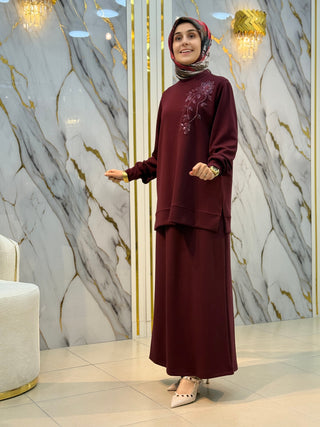 AYŞE AKAY YAKASI ÇİÇEK İŞLEMELİ ETEKLİ TAKIM 1013