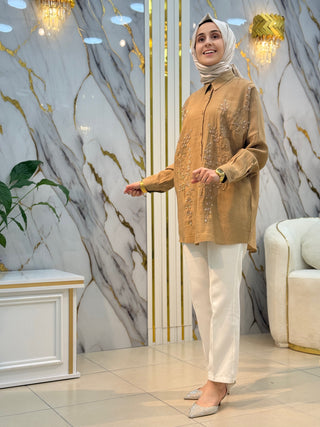 NY MEHLİKA TAŞLI ÇİÇEK İŞLEMELİ GÖMLEK OVERSİZE 4334