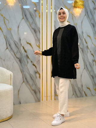 PUANE ÖRGÜ VE DERİ DETAYLI TUNİK 10755