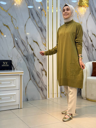 ARMİNE DİK YAKA FERMUARLI GÜL DESENLİ MERSERİZE TUNİK 25KTD 4111