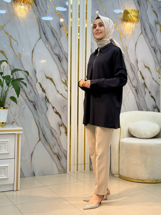PİLİSE YAKALI YARIM FERMUARLI TUNİK 24362