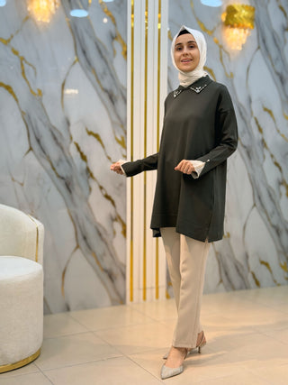 NY MEHLİKA YAKA TAŞLI KOL DANTEL VE İNCİ DETAY SOĞUK İP TUNİK 280