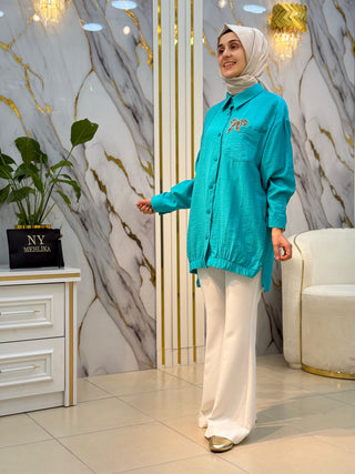 NY MEHLİKA YAKA TAŞ İŞLEME FİYONKLU GÖMLEK 2896