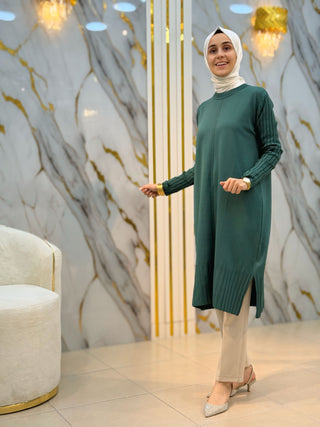 NY MEHLİKA ÖNÜ ÇİZGİ DETAY YIRTMAÇLI UZUN SOĞUK İP TUNİK 35244