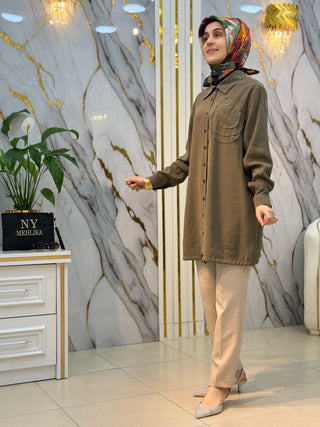 KADO ÖNÜ YUVARLAK DESEN TAŞ İŞLEMELİ TENSEL GÖMLEK 263476