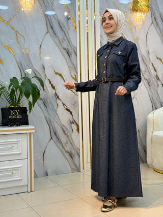 NOSHE YARIM DÜĞMELİ KEMER DETAYLI KOT ELBİSE 4554