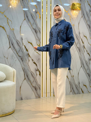 NY MEHLİKA TAŞLI ÇİÇEK İŞLEMELİ GÖMLEK OVERSİZE 4321