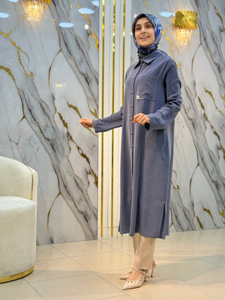 KADO YAKA TAŞ VE CEP DETAYLI UZUN TUNİK 251026