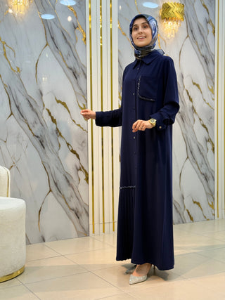 NY MEHLİKA TAŞ İŞLEMELİ PİLE DETAYLI DÜĞMELİ ELBİSE 26020