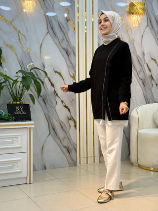 PİLİSE ÖNÜ FERMUAR DETAYLI YIRTMAÇ TUNİK 24367