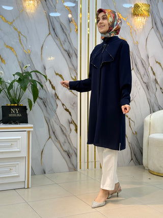 MODA İLDEM YAKA TAŞLI VE BRONŞ DETAYLI TUNİK 2203