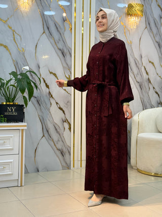 ALESYA ÖNÜ DÜĞME DETAYLI KENDİNDEN DESENLİ JAKARLI ELBİSE 5238