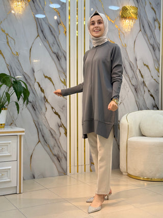 KADO DÜĞME VE ÇİZGİ DETAYLI SOĞUK İP TUNİK 2725019