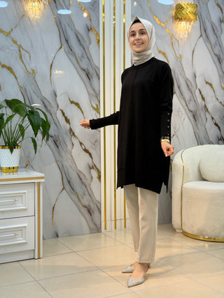 KADO DÜĞME VE ÇİZGİ DETAYLI SOĞUK İP TUNİK 2725019