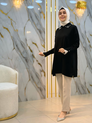 NY MEHLİKA YAKA TAŞLI KOL DANTEL VE İNCİ DETAY SOĞUK İP TUNİK 280