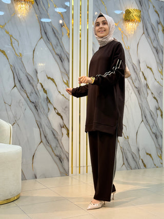 NY MEHLİKA KOLLARI VE PANTOLONU TAŞ İŞLEMELİ ŞERİT DETAY TAKIM 5265