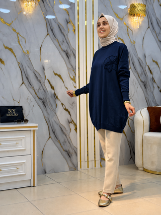 NY MEHLİKA YAKA GÜL İŞLEMELİ SOĞUK İP TUNİK 3303
