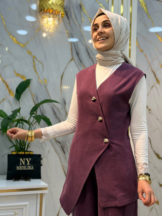 İKOLL ASİMETRİK GOLD DÜĞMELİ YELEKLİ CİMA DETAYLI TAKIM 16520