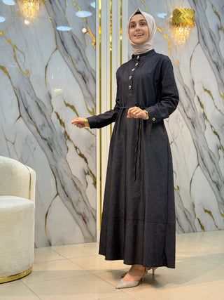 NOSHE KALPLİ DÜĞME VE BEL BAĞLAMA DETAYLI KOT ELBİSE 4553