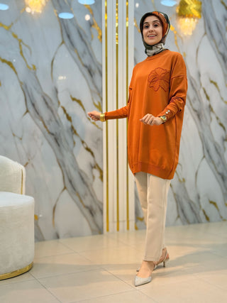 NY MEHLİKA YAKA GÜL İŞLEMELİ SOĞUK İP TUNİK 3303