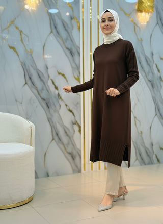 NY MEHLİKA ÖNÜ ÇİZGİ DETAY YIRTMAÇLI UZUN SOĞUK İP TUNİK 35244