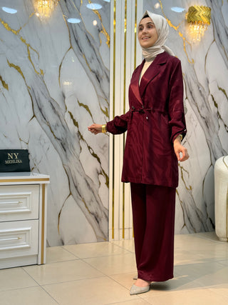 NY MEHLİKA DALGA DESEN JAKARLI BELİ BÜZGÜLÜ TAKIM 3013