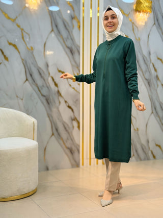 NY MEHLİKA YAKA FERMUAR VE ÇİZGİ DETAY SOĞUK İP TUNİK 35338