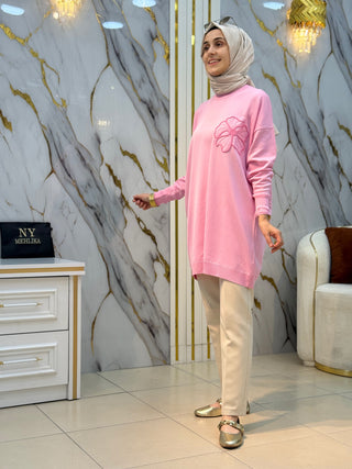 NY MEHLİKA YAKA GÜL İŞLEMELİ SOĞUK İP TUNİK 3303